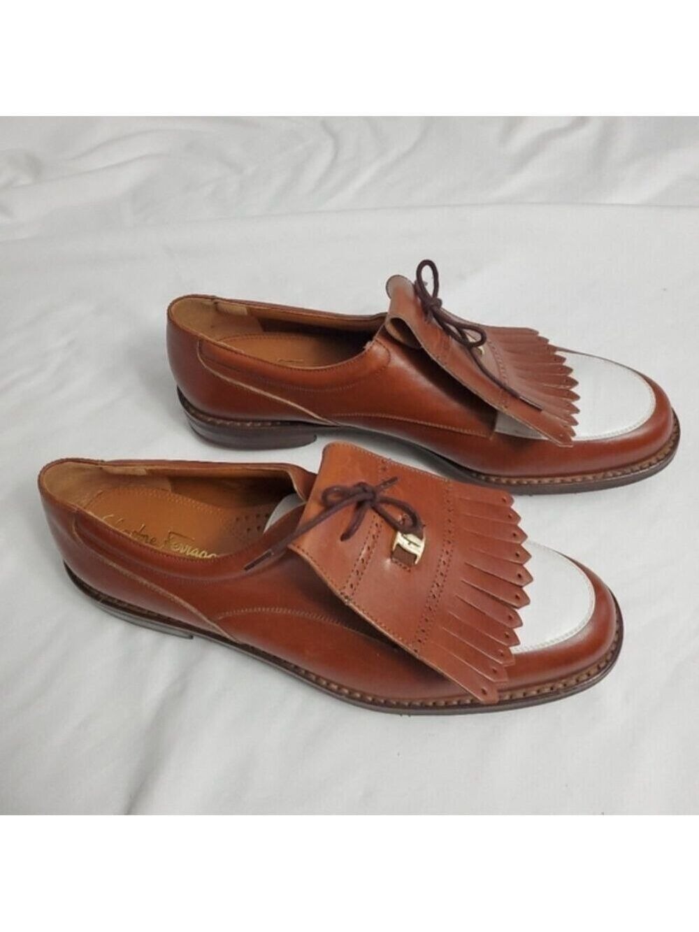 Salvatore Ferragamo Vintage Leather Kiltie Golf Shoes Tan & White - Picture 4 of 12